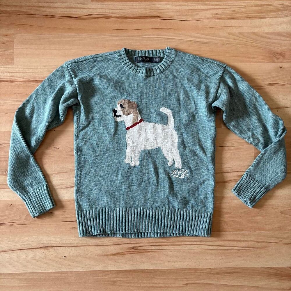 Women's Lauren Ralph Lauren LRL Green Intarsia Terrier Dog Sweater Size XS